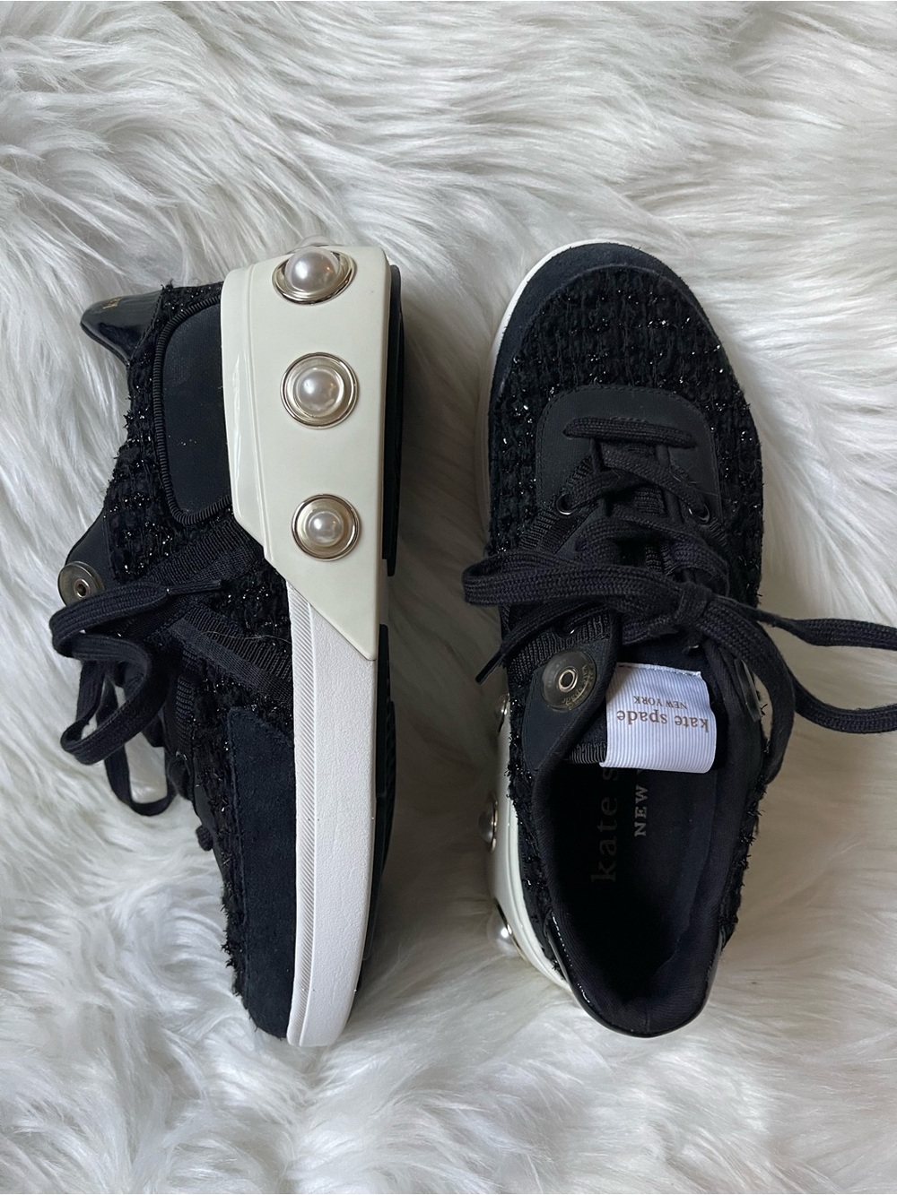 Kate Spade Cayman Sneakers Black Tweed Pearl Embellished Women’s Size 8